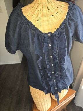 Hollister Navy Ruffled Button Front Short Sleeve Blouse